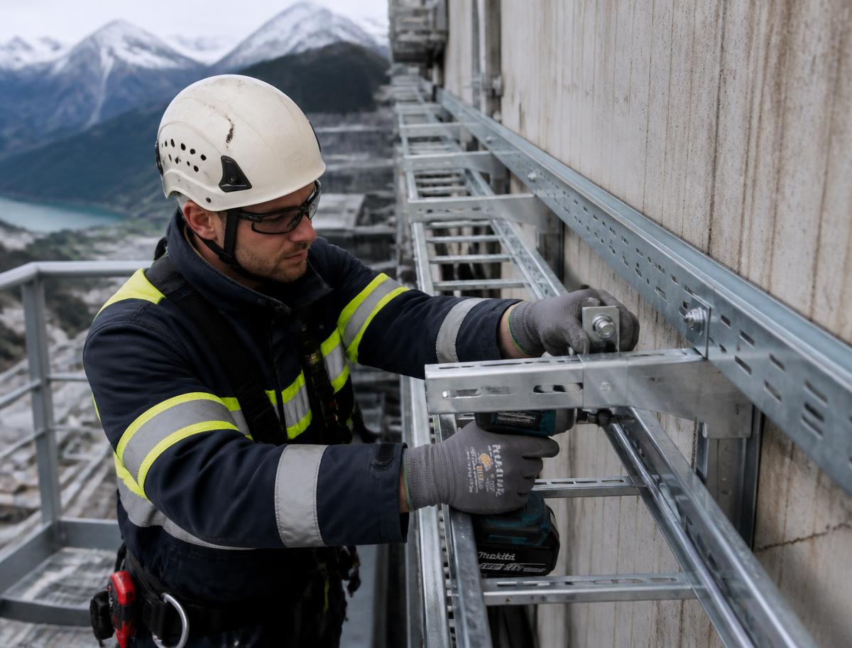 Monteur montiert eine Kabelleiter an einer Betonwand vor Tiroler Bergkulisse